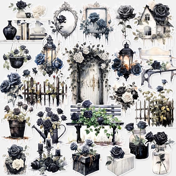 Dark Aesthetic Stickers 80 Pcs, Black Rose Stickers Goth Style Scrapbook Supplies, Water Bottle Vinyl Waterproof Sticker for Bullet Journal Laptop Skateboard Computer Guitar