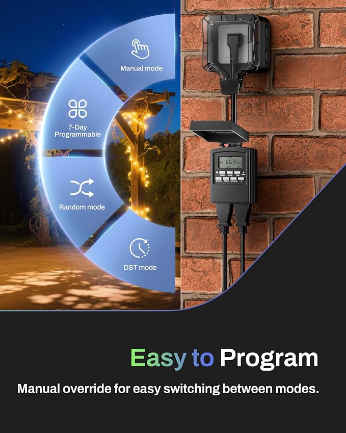 BN-LINK 7 Day Outdoor Heavy Duty Digital Programmable Timer, Outdoor Timer Outlet Waterproof, 2 Grounded Electrical Outlets for Christmas Lights, 15A 1/2HP,ETL Listed（2 Pack）