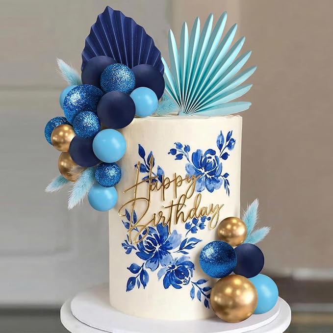38 PCS Balls Cake Toppers Palm Leaves Cake Decorations for Birthday Wedding Baby Shower Party Supplies (Blue)