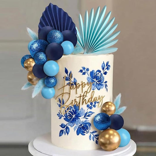 38 PCS Balls Cake Toppers Palm Leaves Cake Decorations for Birthday Wedding Baby Shower Party Supplies (Blue)