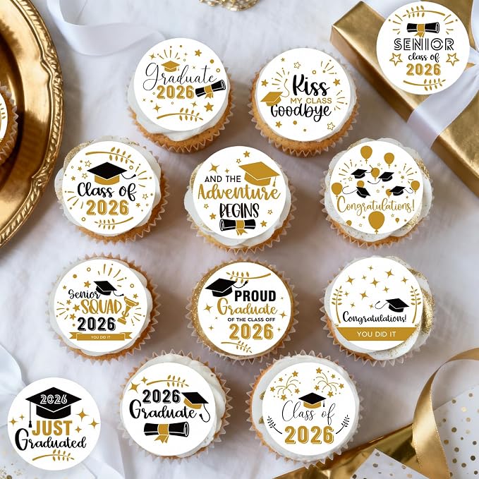 48pcs Edible Graduation Cap Cupcake Toppers Wafer Paper Graduation Diploma Cake Decorations Edible Congrats Grad Cupcake Picks for 2026 Graduation Theme Party Cake Decor Supplies