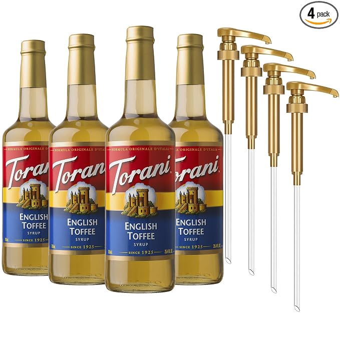 Torani Coffee Syrup, English Toffee Flavored Syrup for Drinks, Glass Bottle 4-Pack, Pumps Included, 25.4 Fl Oz Ea