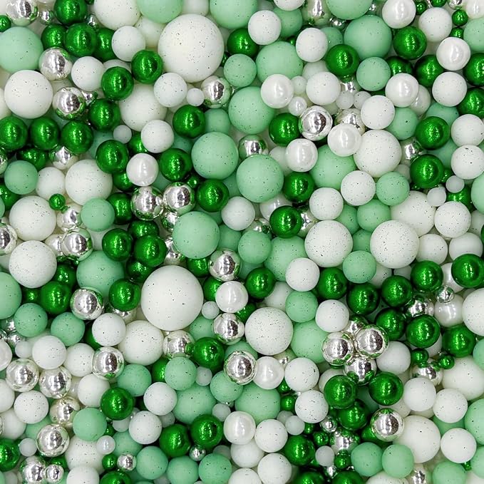 Dynastang Mixed Size Green Series & White Pearls Sprinkles Edible Pearls Cake Decorating Pearls Cake Decorations Cupcake Toppers Decorating Perfect for Cakes, Cupcakes, Desserts 3OZ