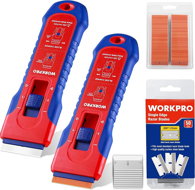 WORKPRO 2-Pack Retractable Razor Scraper Set with Built-in Blade Storage, 182 Blades, 62 Metal Razor Blades & 120 Plastic Blades for Paint Removal, Stickers, Adhesive, Glass, Ceramic and Wood