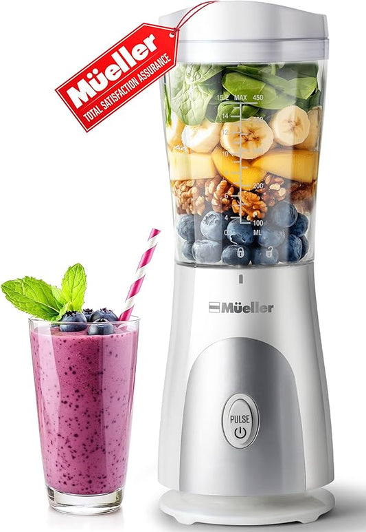 Mueller Heavy-Duty Personal Blender for Shakes and Smoothies with a 15 Oz Travel Cup and Lid, Juices, Baby Food, Portable Blender & Food Processor, White