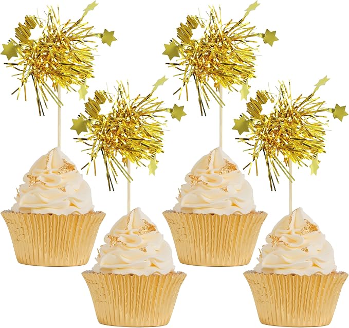 Gyufise 30Pcs Star Foil Firework Cupcake Toppers Sparkle Tinsel Cake Toppers Tinsel Drink Cake Decoration Cocktail Picks for Birthday Wedding Graduation Party Supplies Gold