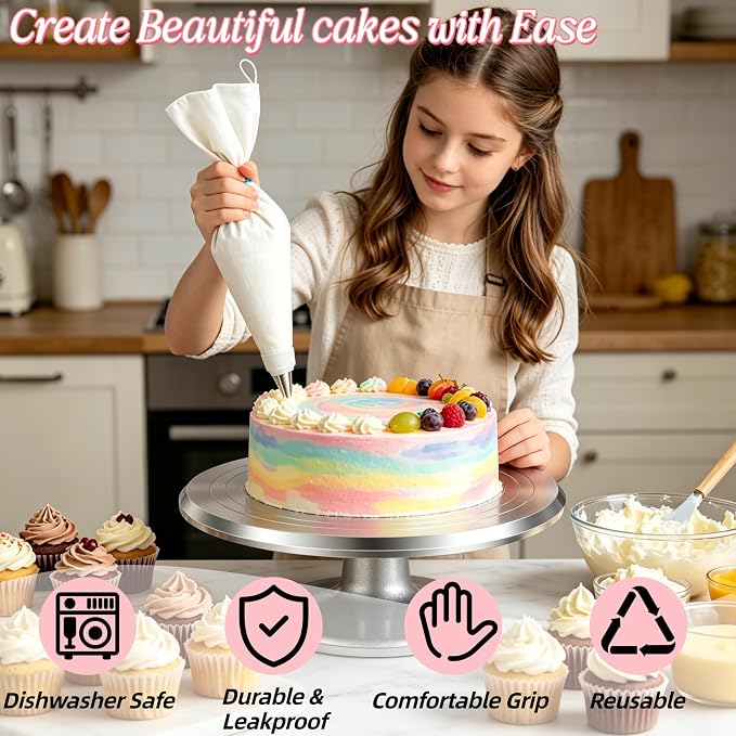 14-Piece Reusable Piping Bags and Tips Set- Cotton Baking Kit with Coupler, Stainless Steel Nozzles,Silicone Cable Ties& Cleaner for Cakes/Cupcakes/Cookies Decorating