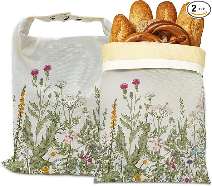 Bread Bags for Homemade Bread- Herbs Wild Flowers 2 Pack Linen and Beeswax Sourdough Storage Bags, Reusable Keeper, Keeps Breads Fresh Longer, Gifts for Bakers