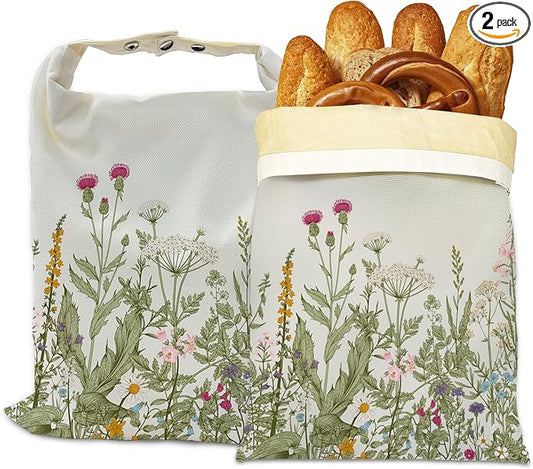Bread Bags for Homemade Bread- Herbs Wild Flowers 2 Pack Linen and Beeswax Sourdough Storage Bags, Reusable Keeper, Keeps Breads Fresh Longer, Gifts for Bakers