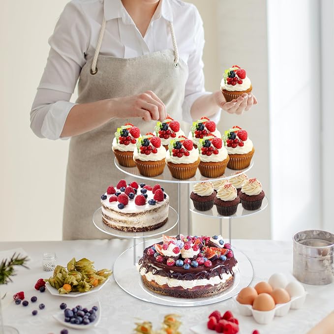 Cupcake Stand, 4 Tier Acrylic Cake Stand, Round Cake and Cupcake Stand Combo, Clear Tiered Cupcake Tower Stands for 50 Cupcakes, Cake Display Tree Stand for Wedding Birthday Party