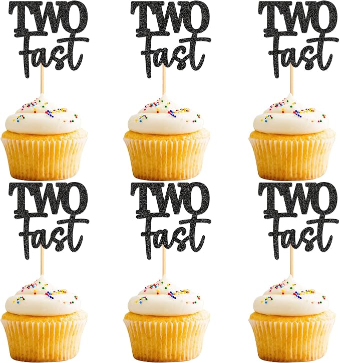 Ercadio 24 Pack Two Fast Cupcake Toppers Glitter Black Two Fast Cupcake Picks Racing Car Cake Topper Baby Shower Race Car 2nd Birthday Party Cake Decors Supplies