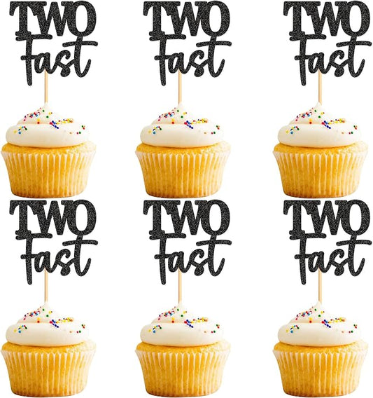 Ercadio 24 Pack Two Fast Cupcake Toppers Glitter Black Two Fast Cupcake Picks Racing Car Cake Topper Baby Shower Race Car 2nd Birthday Party Cake Decors Supplies