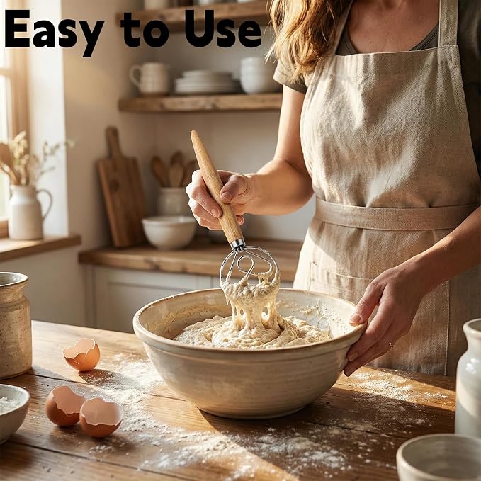 TEEVEA Danish Dough Whisk, Stainless Steel Wood Handle for Sourdough Bread | Dishwasher safe, non-stick, effortless mixing, dutch dough stirrer, for bread batter pastry, sourdough baking tool