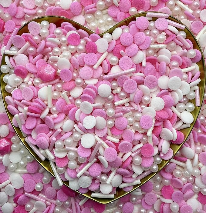 CandiJumpin Pink and White Pearl Sprinkles, Edible Pearls and Jimmies Mix Pink White Confetti Sprinkles Crunchy Jimmies Edible Pearls for Cake Decorating Valentines Decoration for Baking Baby Shower Party Birthday Wedding Christmas Supplies 3 OZ