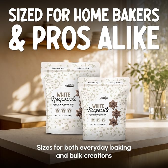 Snackathon Sprinkles for Baking & Decorating, White Nonpareils, 2.2 LB Resealable Bag, Bulk White Sugar Dot Sprinkles for Cakes, Ice Cream, Cupcakes, Cake Pops & Dessert Toppings