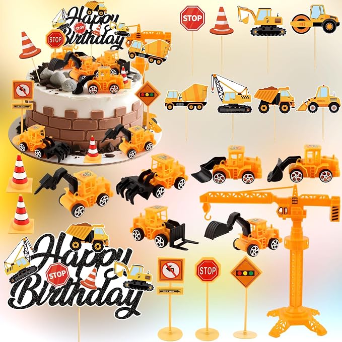 21PCS Construction Cake Toppers Truck Cake Decoration Set Excavator Tractor Tower Crane Cupcake Topper Traffic and Road Sign for Construction Happy Birthday Party Supplies