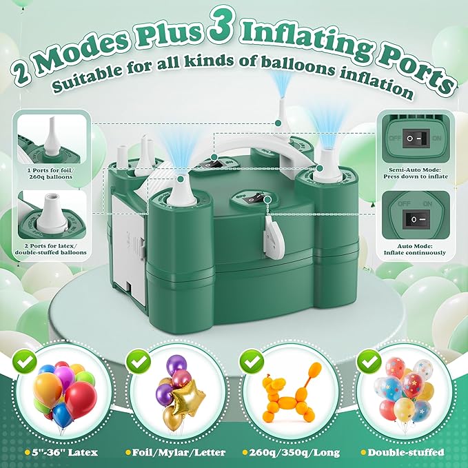 Balloon Pump 4-in-1 Electric Balloon Inflator with Triple Inflating Ports for All Balloons Air Filler Machine for Sports Balls Inflator Deflator for Inflatables