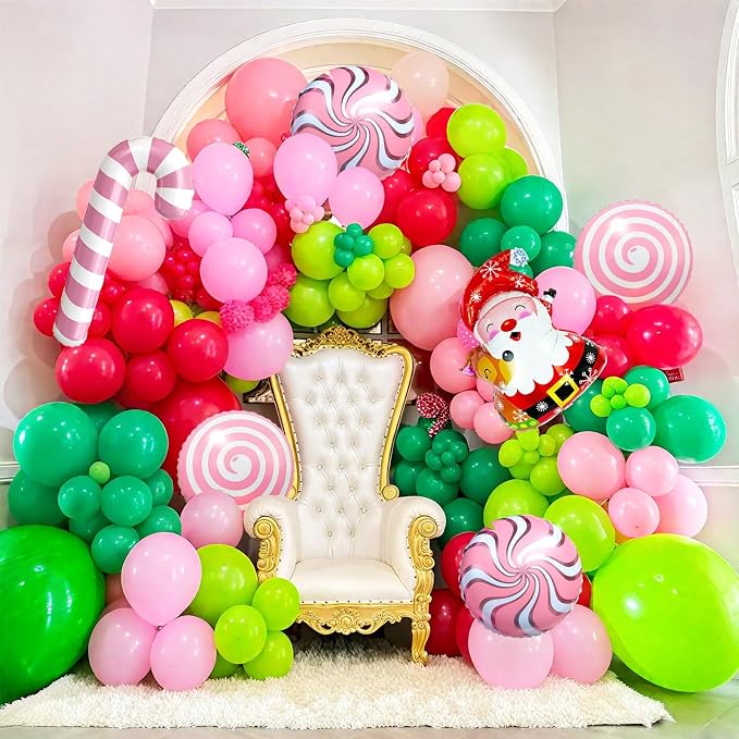 Christmas Balloon Arch Kit, Hot Pink Red Green Metallic Gold Balloons with Snowflake Santa Claus Lollipop Crutch Candy Long Balloons for Christmas Party Xmas Eve Decorations New Year Holiday Supplies