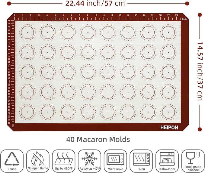 Macaron Silicone Baking Mats,22.44"Lx14.57"W,Pastry Mats Rolling Dough,Non-Stick,40 Macaron Molds,Cookie Sheet Liners,Reusable Baking Mat (2, Red)