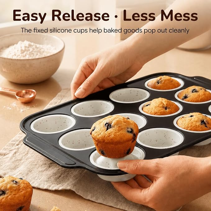 Silicone Muffin Pans for Baking with Metal Reinforced Frame, Muffin Tin Egg Bites Mold 12-Cup Regular Size, Nonstick Muffin Cups Tray Easy to Pop Cupcake Pan for Oven - White