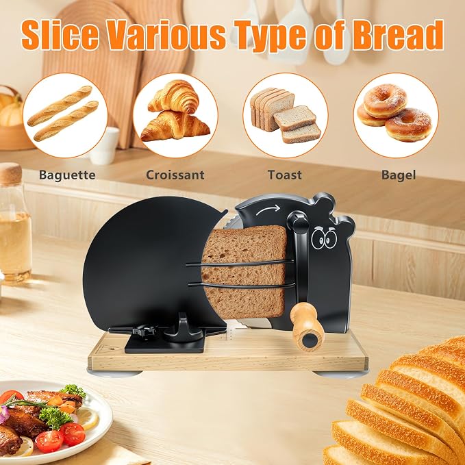 Manual Bread Slicer for Homemade Sourdough Bread with Strong Suction Base | 0-0.75" Adjustable Thickness, 402 Stainless Steel Blade, Beech Wood Base, Homemade Bread Toast Bagel Cutter