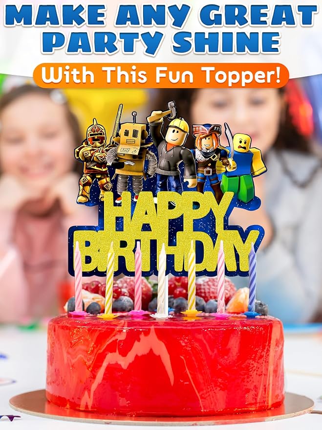 Easy Adjusting Gamer Cake Topper with Eye-Catching Design - 5.1"x5.9" Video Game Cake Topper Happy Birthday, Made from Cardboard with Sturdy Plastic Stick - Boy & Girl Gamer Birthday Party Decorations