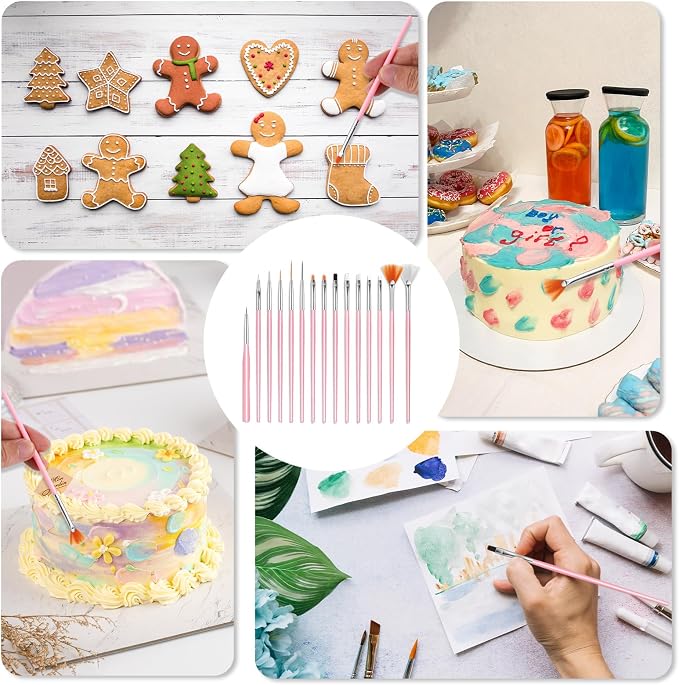 15 Pcs Food Safe Paint Brushes, Pink Sugar Cookie Decorating Brushes Kit Multifunctional Cake Decorating Food Grade Paint Brush for Professionals Beginners Making Candy Cakes Cookie DIY Crafts