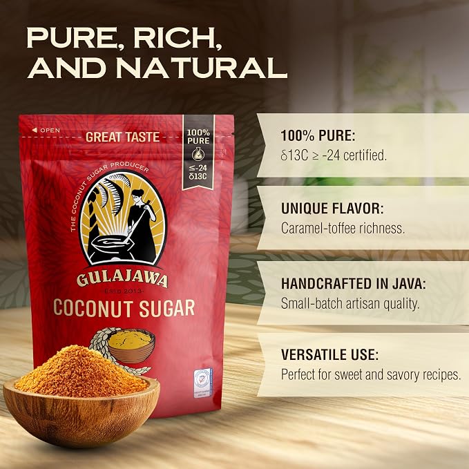 GULAJAWA Javanese Coconut Sugar - Single Origin, Pure Coconut Palm Sugar | Complex Caramel Notes for Coffee, Tea Lattes, Baking, Thai Cooking & Dry Rub Seasonings | Low GI Natural Sweetener - 1LB
