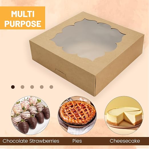 NPLUX 20 Pack Pie Boxes 10x10x3inch Bakery Boxes with Window Dessert Pastry Boxes Pie Boxes 10 inch for Pies Cheesecake and Chocolate Covered Strawberries, Graduation Gifts Party Favors(Brown)
