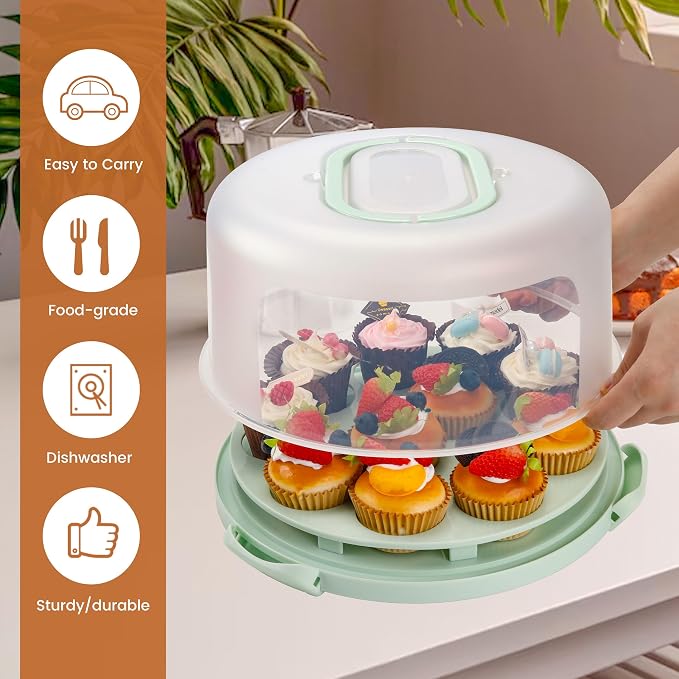 NPLUX Green Cake Containers with Lids Round Plastic Cupcake Holders 4-in-1 Multipurpose Cake Carrier Holder for 11 Inch Cake Pies Cupcake Eggs Fruit or Snack Transport