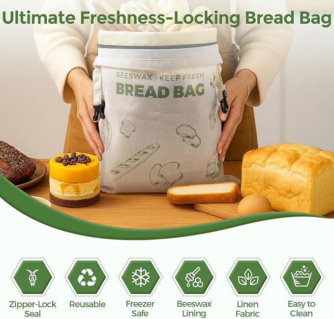 YARRAMATE Reusable Beeswax Bread Bags for Homemade Bread & Sourdough, 2 Pack XL 17x13in Linen Organic Bread Storage Bags with Zipper for Loaf, Baguette, Bagels and Sandwich Bread, Freezer Safe, Green