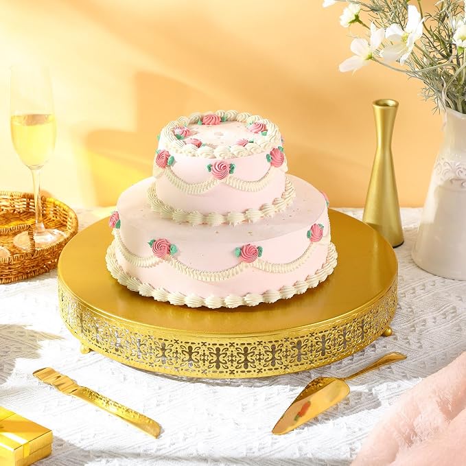 Wenqik 16 Inch Gold Cake Stand Set Metal Round Cupcake Dessert Wedding Cake Stand with Cutting & Spatula Cookies Display Holder Fruit Serving Tray for Table Wedding Birthday Anniversary Party