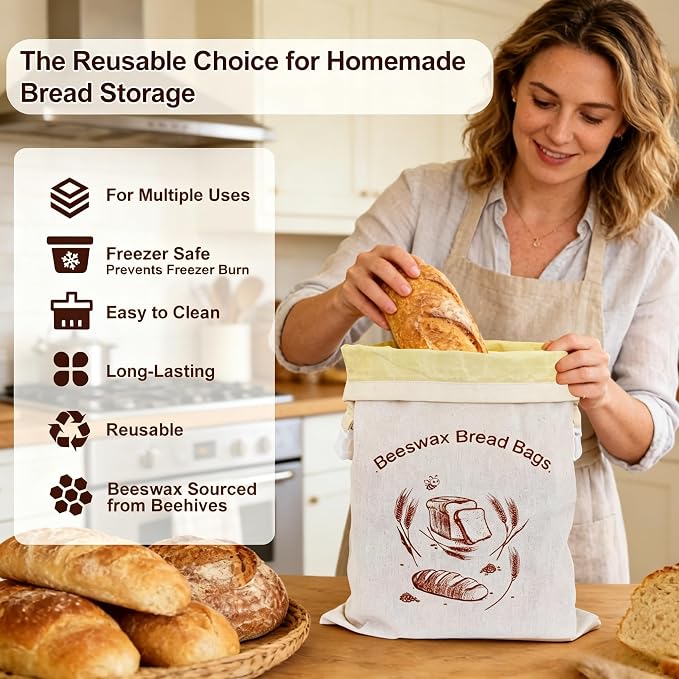 Reusable Beeswax Bread Bags 2 Pack by WSDKNS, for Sourdough & Homemade Bread, Large 17x13 Inch Linen Bag with Beeswax Lining to Keep Food Fresh | Freezer-Friendly & Stylish Design