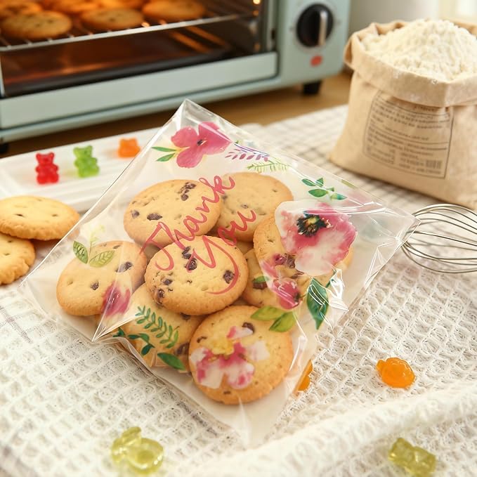 200pcs 5.5x5.5in Thank You Candy Bags Individual Cookie Wrappers Pink Flower Self Adhesive OPP Cookie Bakery Bags Roasting Treat DIY Translucent Plastic pouches