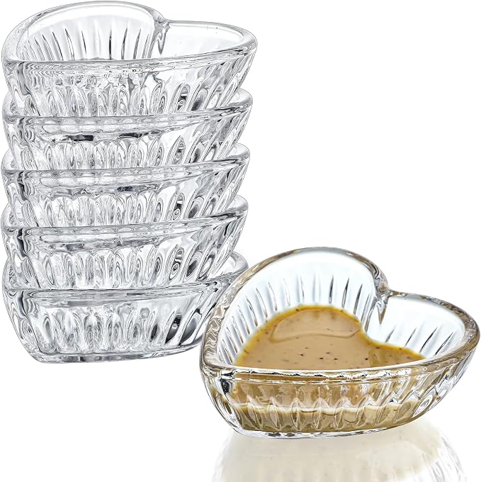 kanpura 6 Pack Mini Glass Bowls, 2 oz Dipping Bowls, Heart Small Prep Bowl | Crystal Pinch Bowls for Spice, Sauce, Candy, Dessert, Ice Cream, Dishwasher Safe