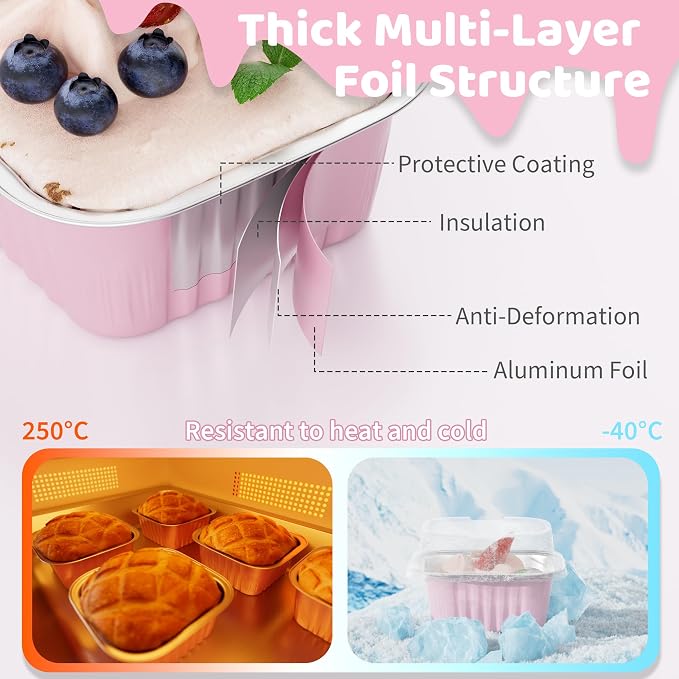 40 Pack 5 OZ Mini Cake Pans with Lids, Disposable Square Aluminum Foil Brownie Baking Cups, Mini Aluminum Foil Cupcake Muffin Tin Ramekins, Flan Molds Cake Containers for Wedding Birthday Party, Pink