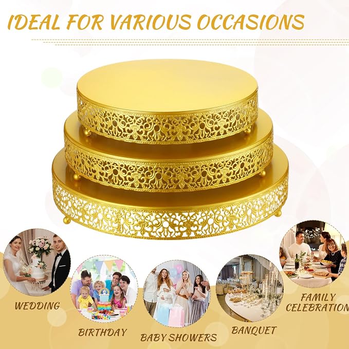 Wenqik 3 Pcs 16'' 14'' 12'' Metal Gold Cake Stand Round Cake Stands for Dessert Table Cookies Fruit Serving Tray Cupcake Dessert Pastry Riser for Wedding Birthday Party and Events