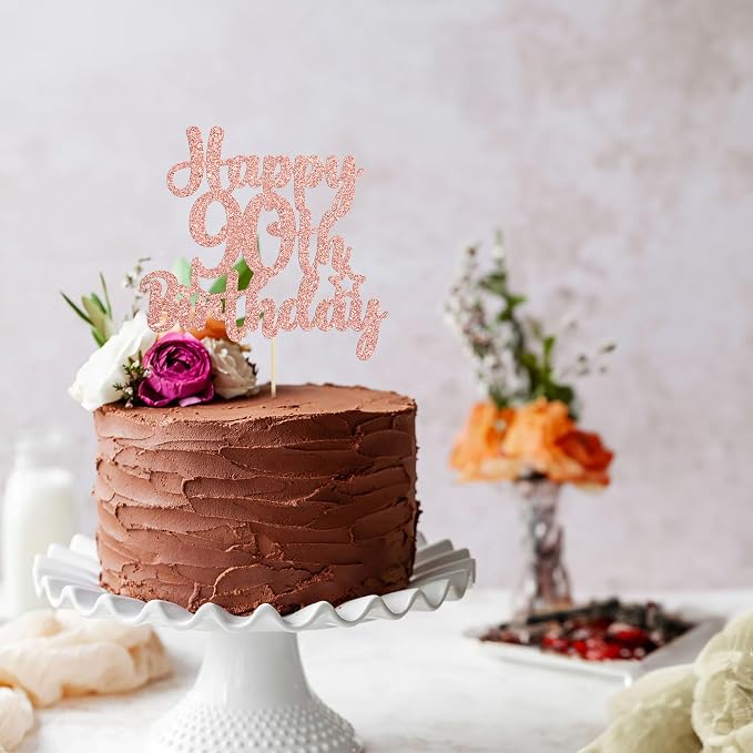 Gyufise 1Pc Happy 90th Birthday Cake Topper Glitter 90 & Fabulous Cheers to 90 Years Old Birthday Cake Pick for Celebrating 90th Birthday Anniversary Party Cake Decorations Supplies Rose Gold
