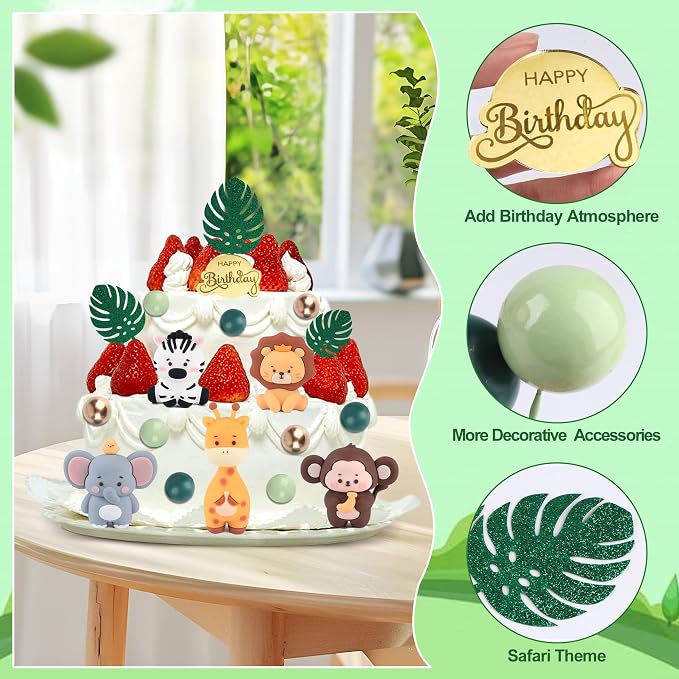 27PCS Safari Animal Cake Topper, Plam Leaves Balls Cake Decorations Birthday Cake for Wild Theme Birthday Decorations Supplies
