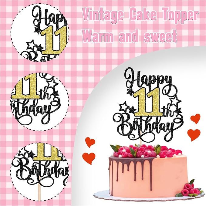 1 PCS Happy 11th Birthday Cake Topper Black Gold Glitter Cheers to 11 Years Birthday Cake Pick Hello 11 Fabulous Cake Decoration for Happy 11th Birthday Anniversary Party Decorations Supplies