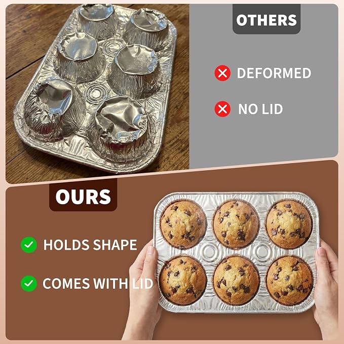 Disposable Muffin Pans with Lids, 20 Pack Aluminum Muffin Pans with Clear Lids, 6-Cup Size Throw Away Tin Foil Pan, Strong and Flat Base for Even Baking, Ideal for Parties and Holidays