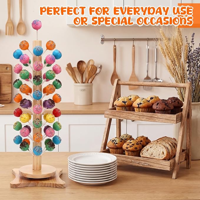 Lallisa 2 Pack Wood Cake Pop Stand with Spinning Base, 50 Holes Wooden Lollipop Tree Holder Stand, Decorative Cake Candy Display Dessert Holder, for Wedding Baby Showers Anniversaries Birthday Party