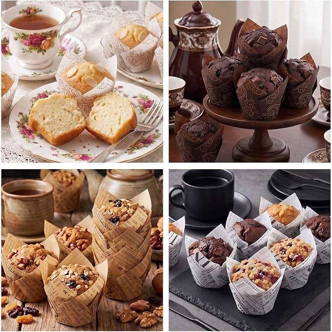 200 Pcs Newspaper Tulip Cupcake Liners for Baking, Newspaper and Stripe | Standard Greaseproof Tulip Muffin Liners for Baking, 3oz Paper Cupcake Wrappers for Party Wedding Birthday
