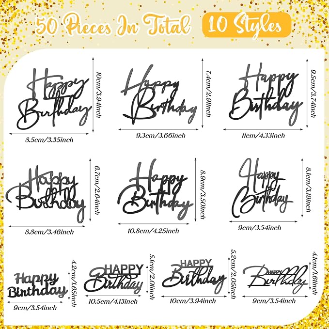 Barydat 50 Pcs Happy Birthday Cake Toppers Bulk Mirror Acrylic Cupcake Topper Decorations Happy Birthday Sign for Cake Inserts Decor Celebrate Anniversary Theme Party Supplies 10 Style(Black)