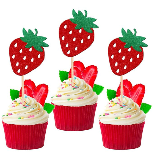 24 PCS Strawberry Cupcake Toppers Red Glitter Fruit Theme Berry Strawberry Cupcake Picks for Summer Sweet Fruit Baby Shower Kids Birthday Party Cake Decorations Supplies Red