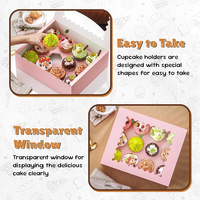 RYDDOY 4 Pack Cupcake Boxes, Hold 12 Standard Cupcakes, Pink Cupcake Containers, Cupcake Holder with Window and Inserts for Birthday Holiday Party, Supplies for Cupcakes, Desserts and More