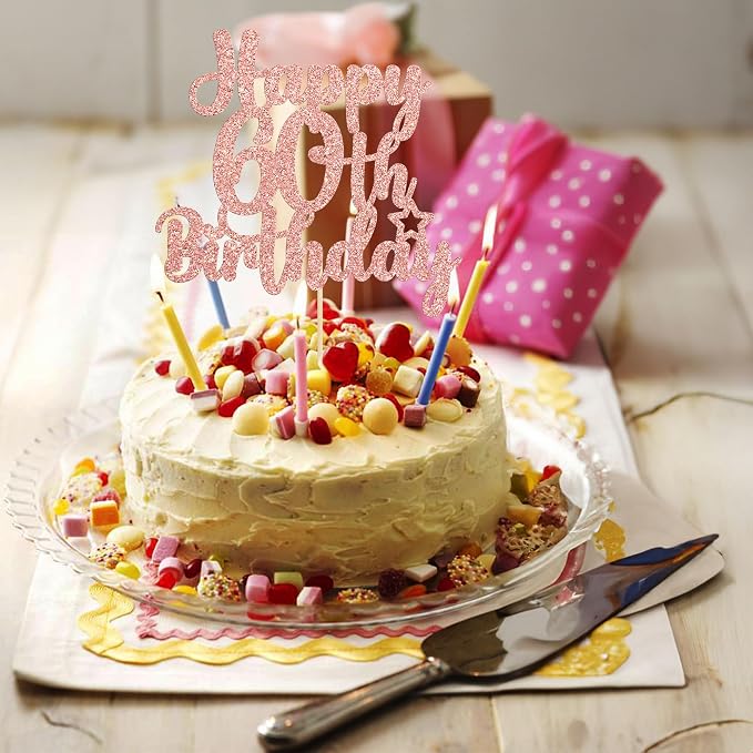 Gyufise 1Pc Happy 60th Birthday Cake Topper Glitter 60 & Cheers to 60 Years Old 60th Birthday Cake Pick for Celebrating 60th Birthday Anniversary Party Cake Decorations Supplies Rose Gold