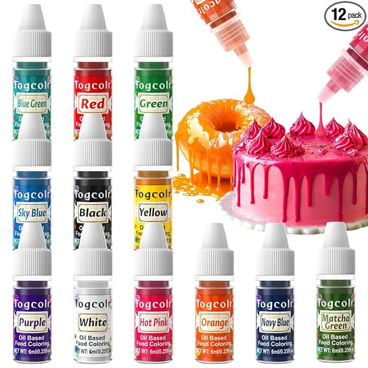 Oil Based Food Coloring - 12 Color Flavorless Food Coloring Set for Chocolate, Colorful Oil-Based Food Dye for Cake Decorating, Candy Melts, Icing, Cookies, Fondant - 0.25 Fl. Oz