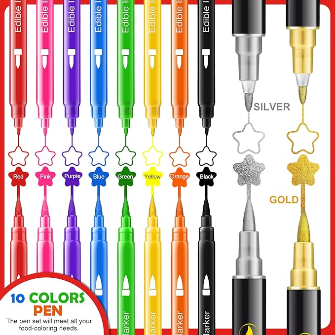 Edible Markers for Cookie Decorating, 10Pcs Food Coloring Pens Double Side Food Grade Edible Pens with Fine & Thick Tip for Cakes, Easter Eggs, Fondant, Cookies, Frosting, Painting, Baking, Macarons