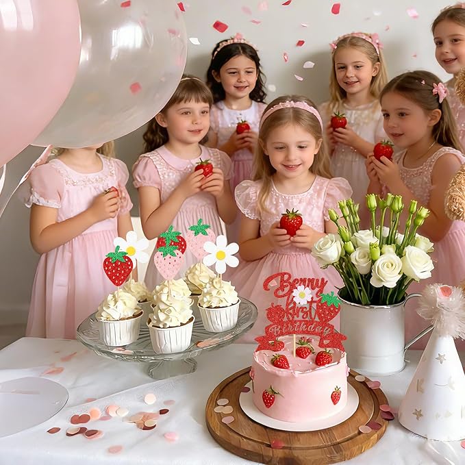 25Pcs Berry First Birthday Cake Topper Glitter Red Strawberry Cupcake Toppers White Flowers Cupcake Picks for Strawberry Baby Shower Boys Girls Birthday Party Cake Decorations